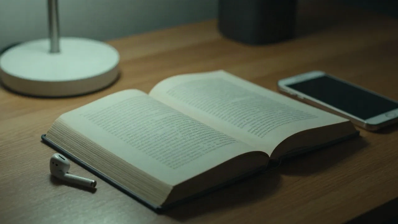 Open paperback beside wireless earbuds and a phone on a dim desk