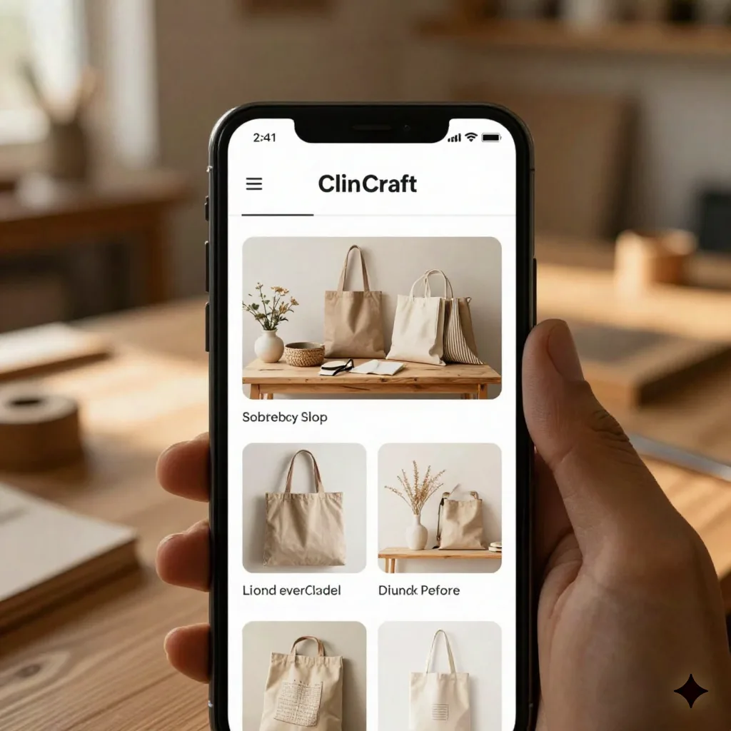 Smartphone showing AI-generated product listing for an artisan craft shop