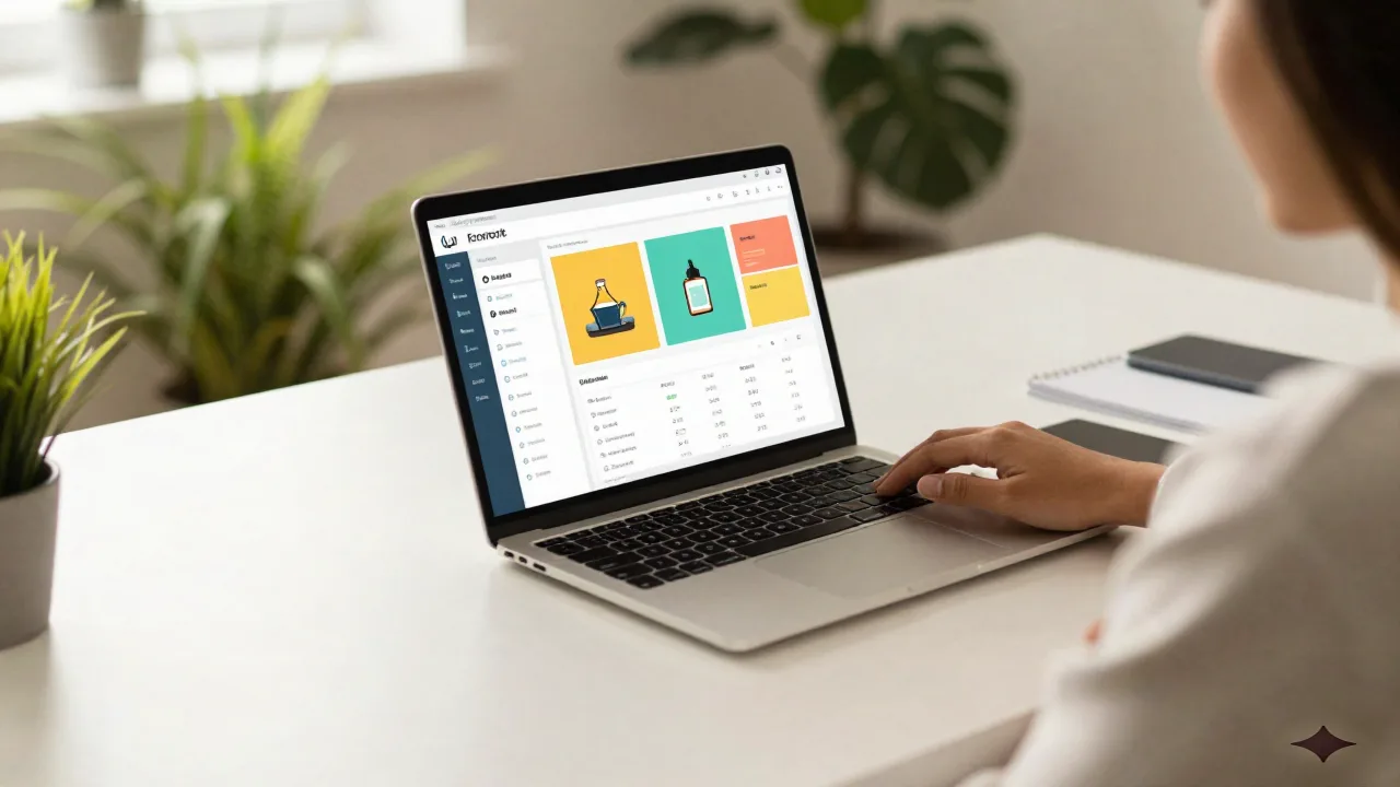 Creator working on an AI-powered ecommerce dashboard in a home office
