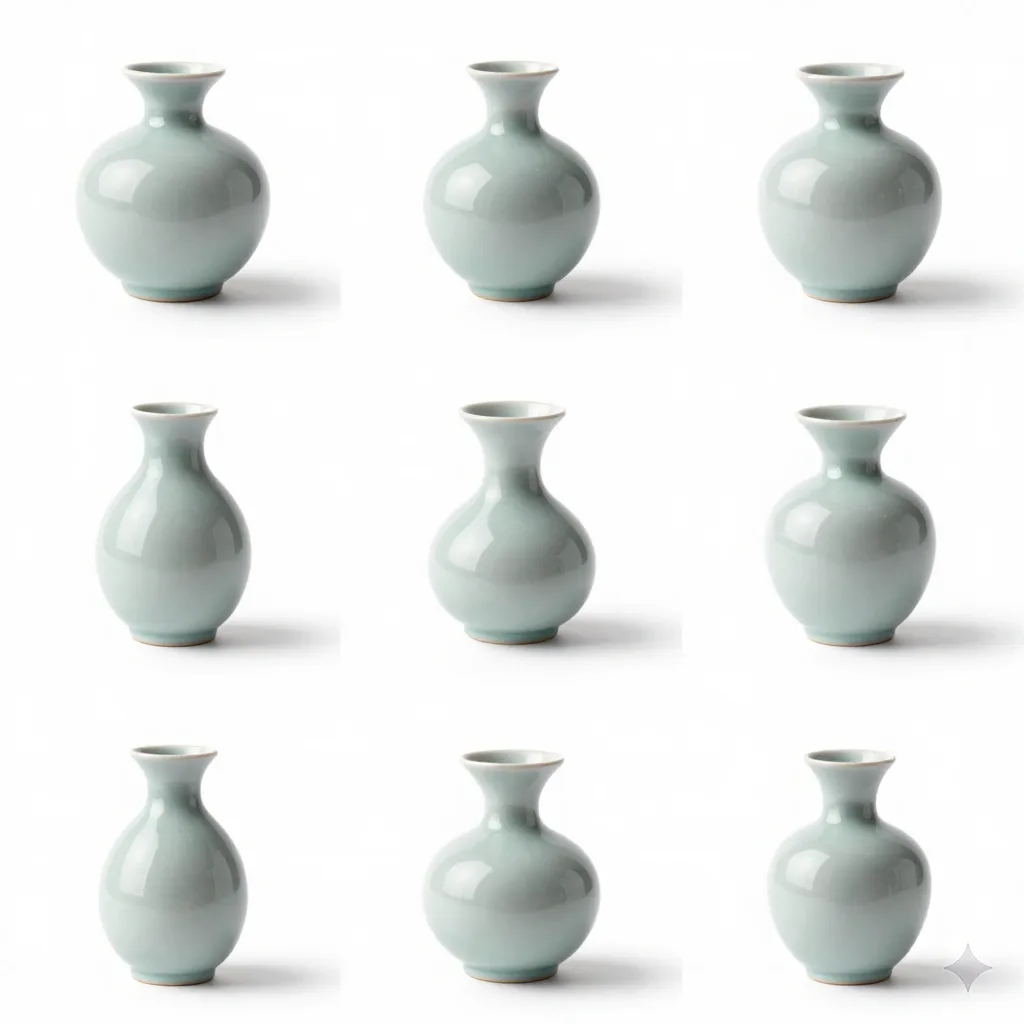 Grid of professional product photos of ceramic vases shot with AI-assisted lighting