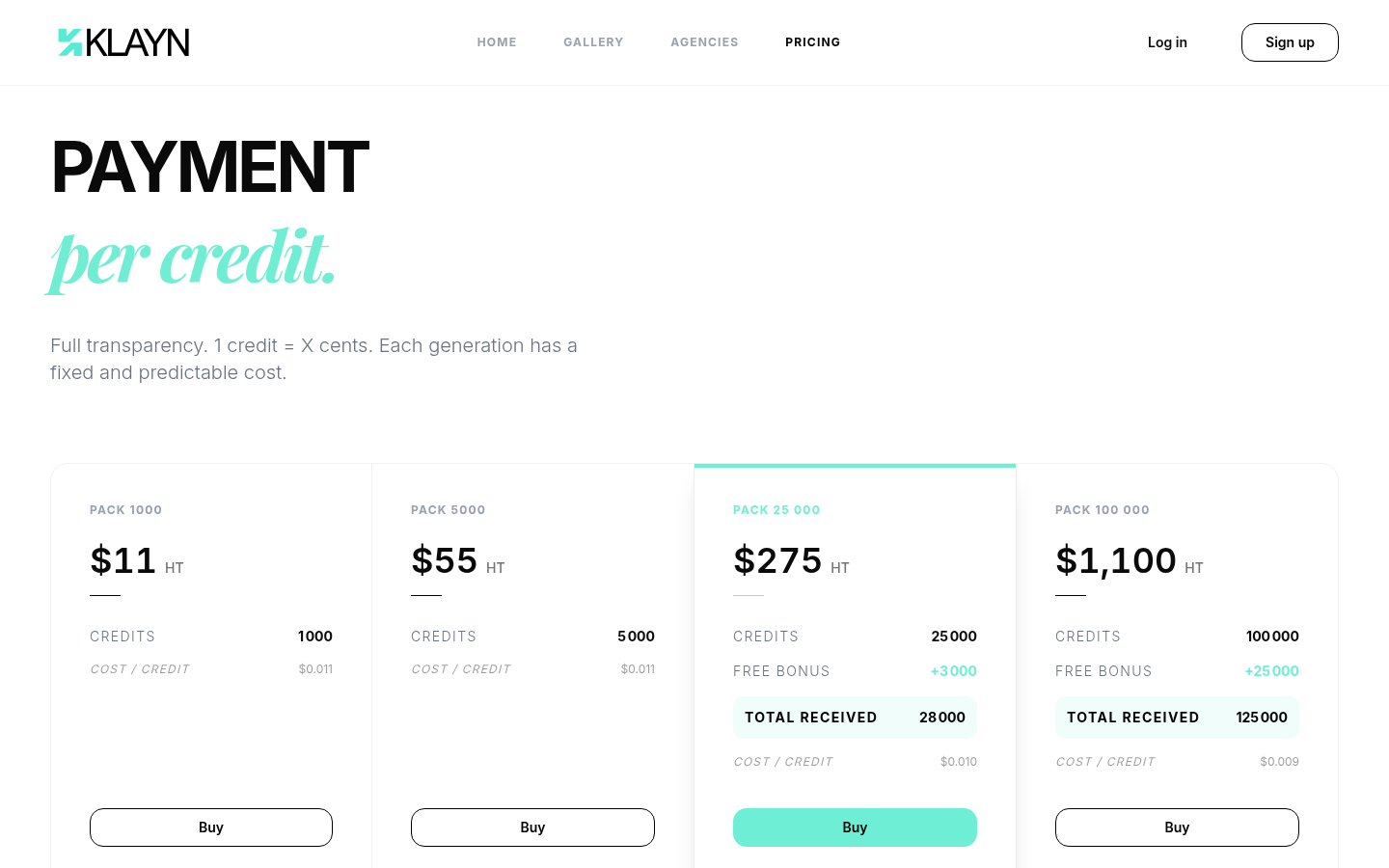 Klayn pricing page showing credit packs from $11 to $1,100 and per-action credit costs