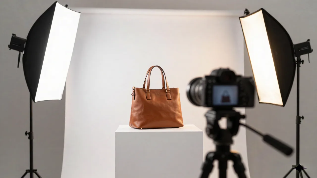 Product photography studio setup with softbox lighting and a camera on a tripod pointed at a handbag on a white seamless backdrop