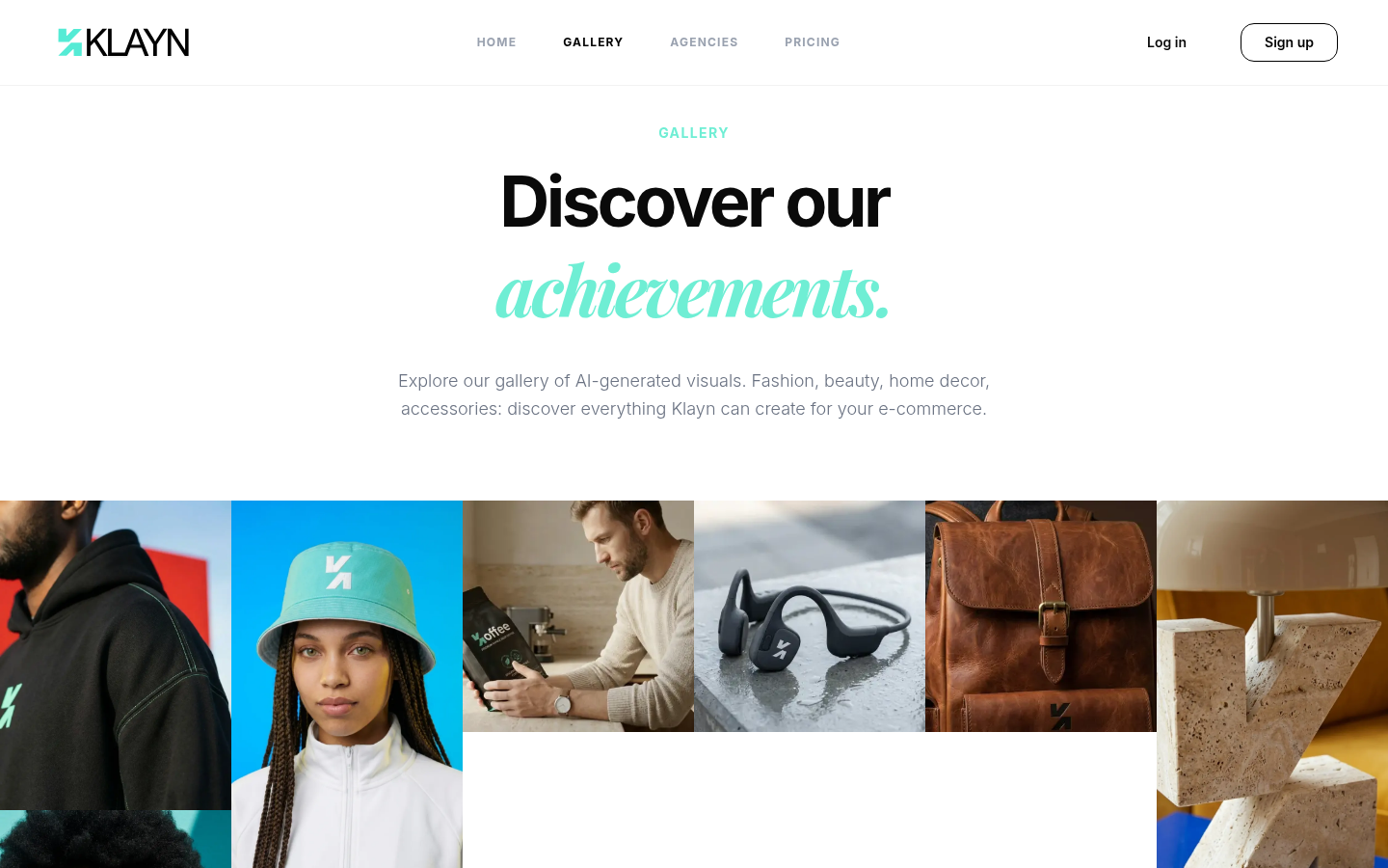 Klayn gallery page with dozens of AI-generated product photos across multiple categories