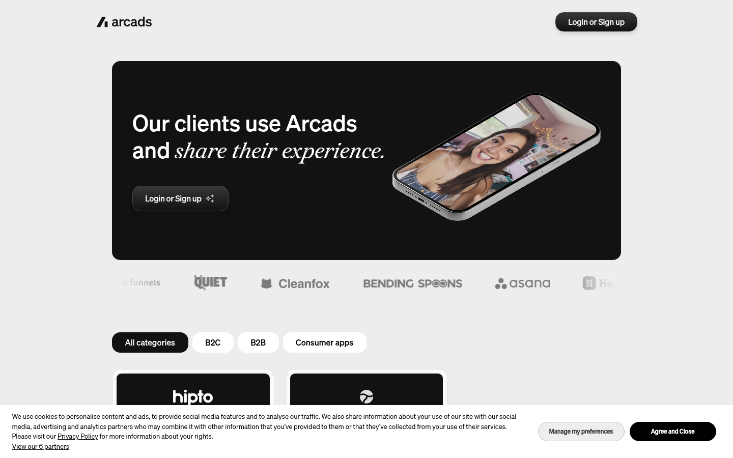 Page cas d'usage Arcads listant les scénarios e-commerce, agence et SaaS