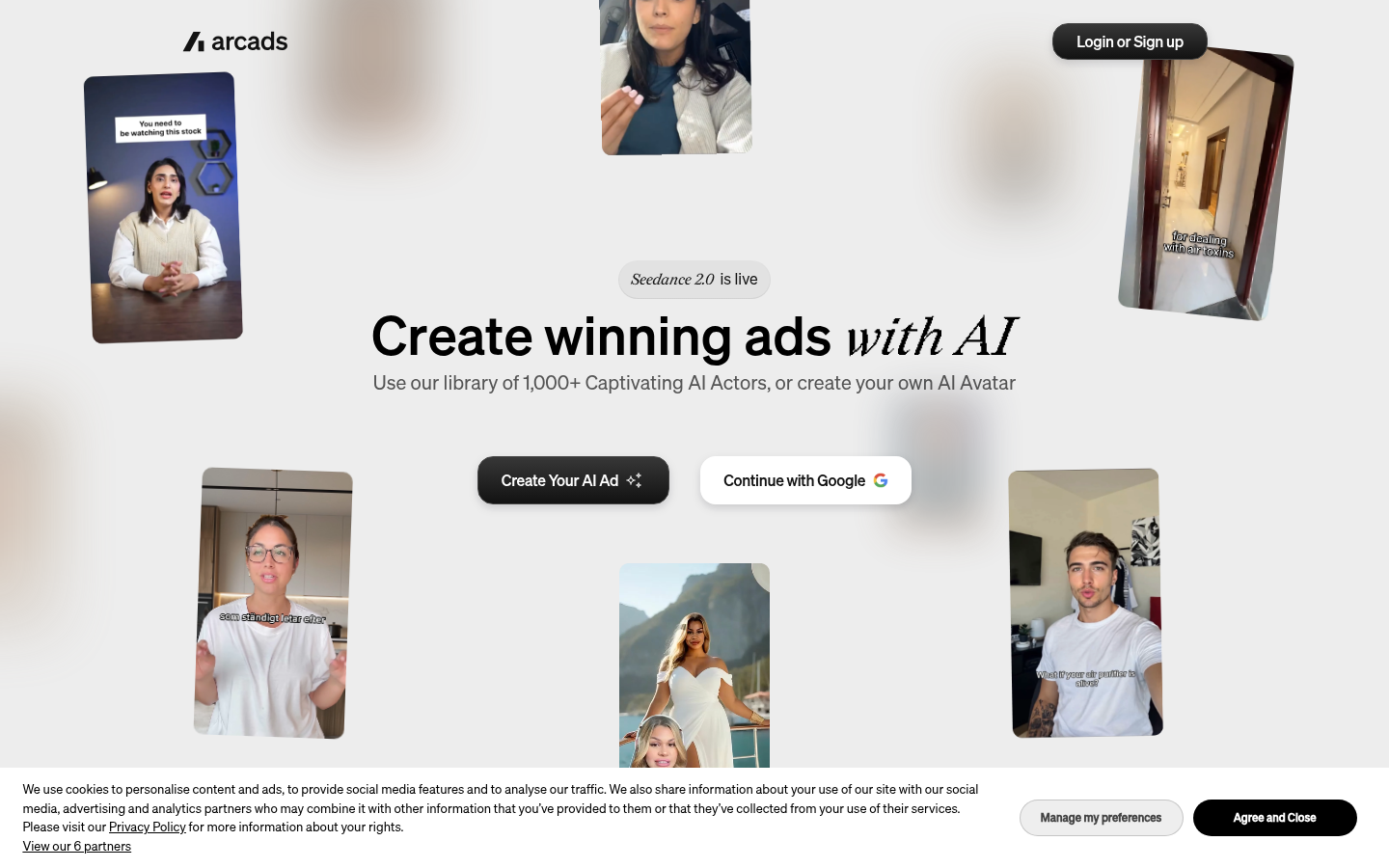 Arcads Homepage mit der Sektion Create winning ads with AI