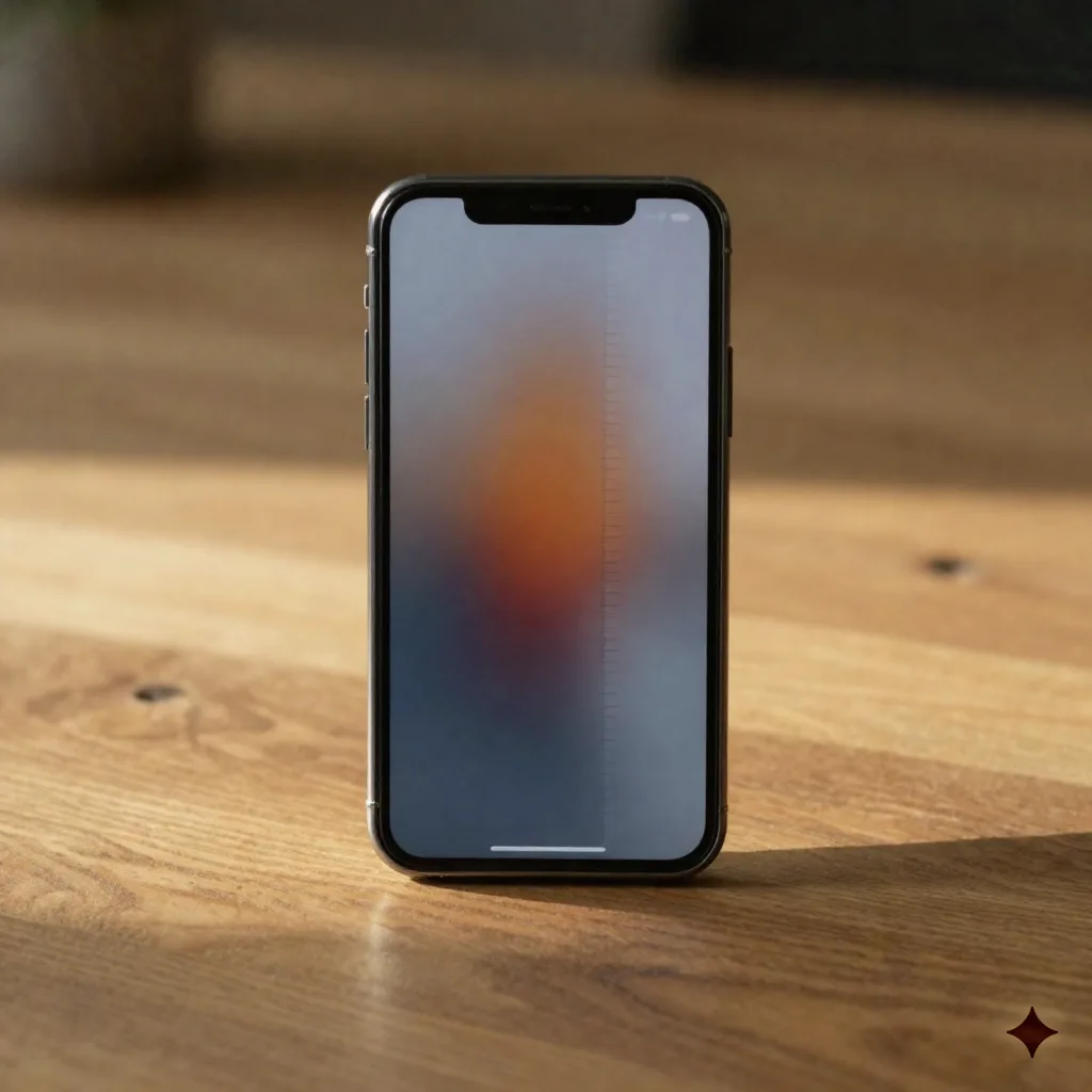 Verticaal smartphonescherm rustend op een bureau met abstract video-onderschrift-interface, verwaagde UI zonder leesbare tekst, warm middaglicht, fotorealistisch, geen zichtbaar gezicht