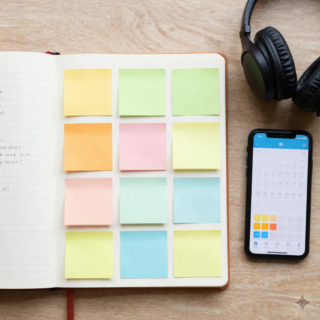 Flat-Lay eines Content-Planungs-Notizzettels mit Sticky Notes und Handy mit Kalender auf dem Display
