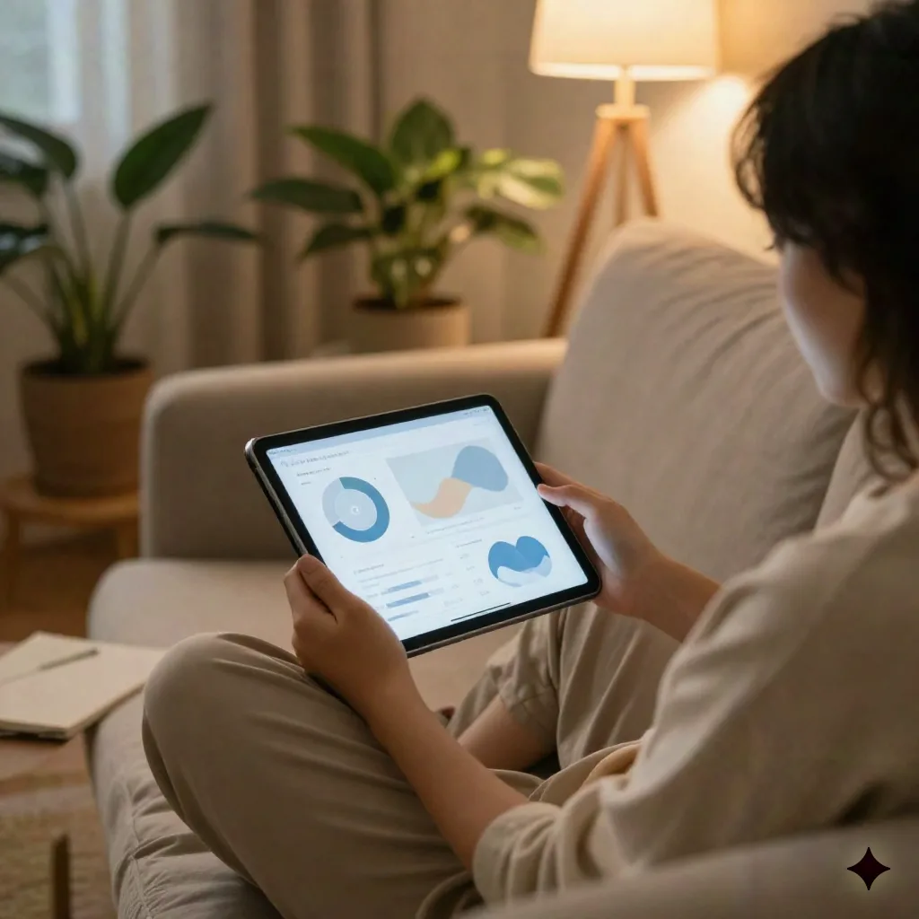 Creator, entspannt auf einer Couch, überprüft Analytics-Diagramme auf einem Tablet in warmem Abendlicht