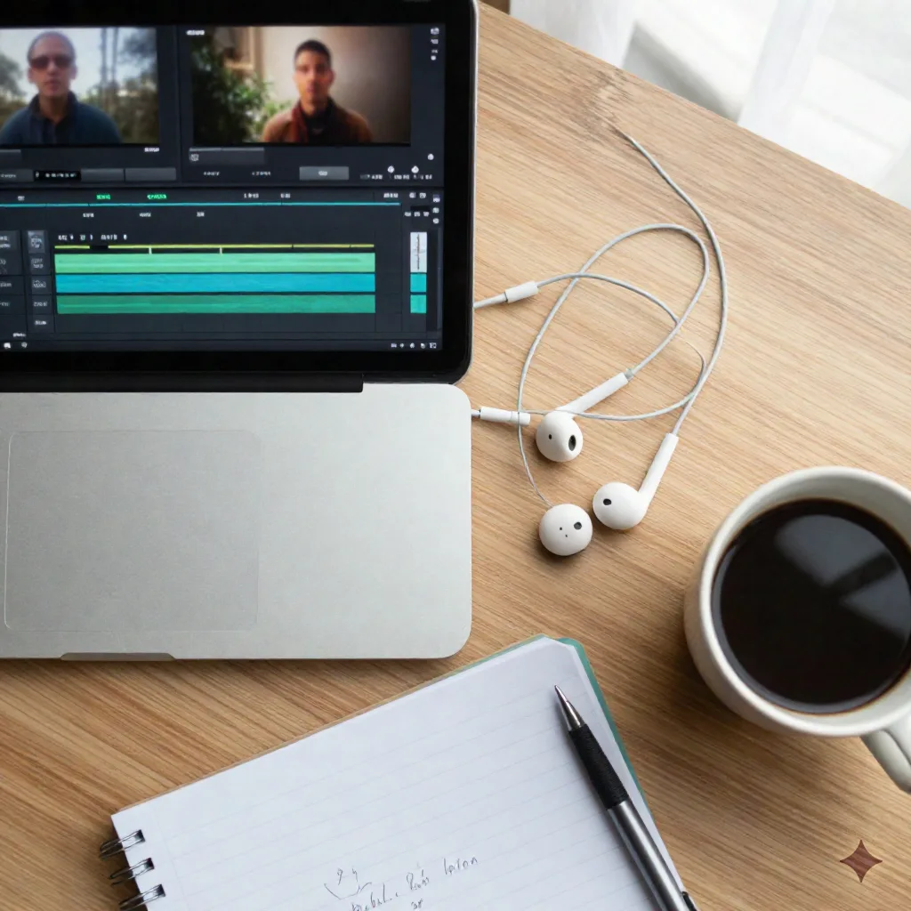 Bovenaanzicht van een laptop met verticale video-bewerkingstijdlijn, warrige oordopjes, een notitieboekje met geschetste scriptschets en koffiebeker op houten bureau, zacht natuurlijk raam, fotorealistisch, geen leesbare tekst