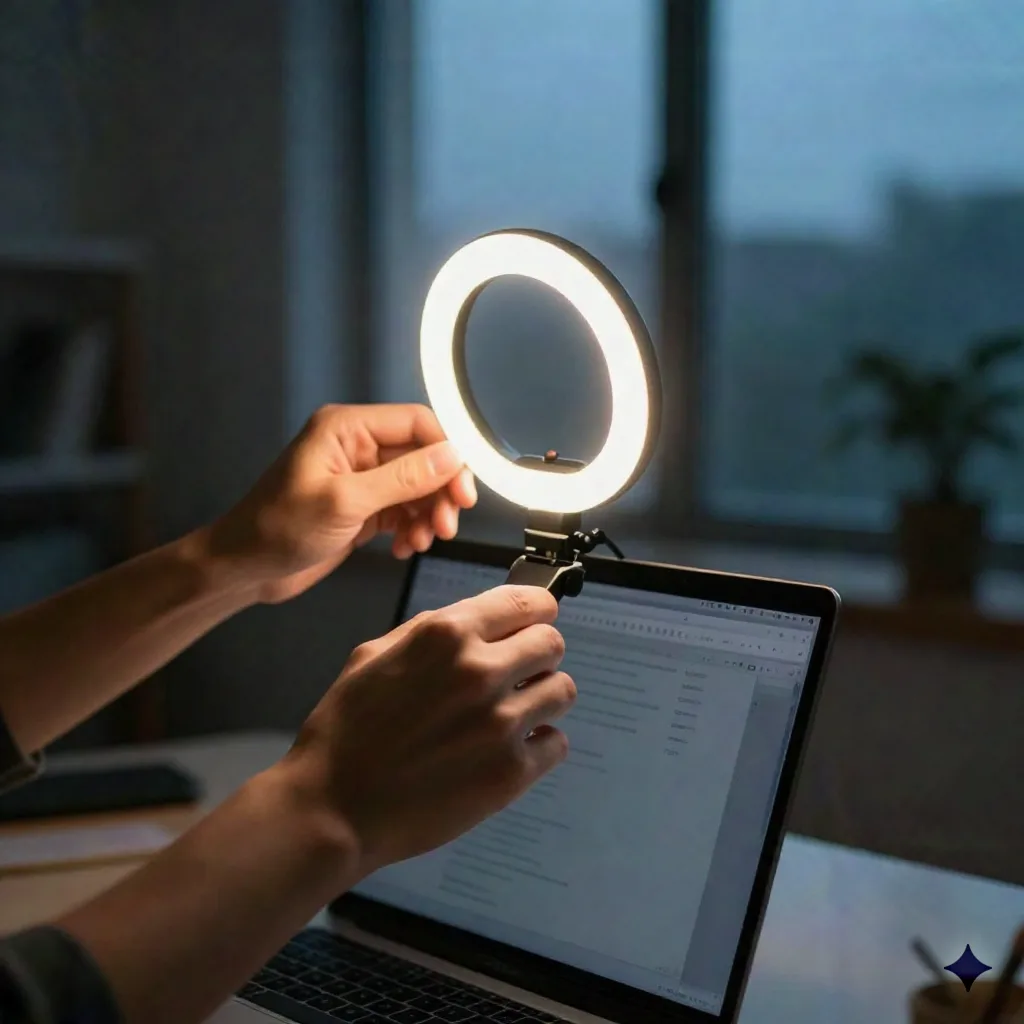 Gesloten beeld van handen die een kleine ringlicht aanpassen die aan een laptop scherm wordt geklemd in een donker thuiskantoor bij schemering, warm LED-gloed tegen koel raamlicht, ondiepte, fotorealistisch, geen zichtbaar gezicht, geen leesbare tekst