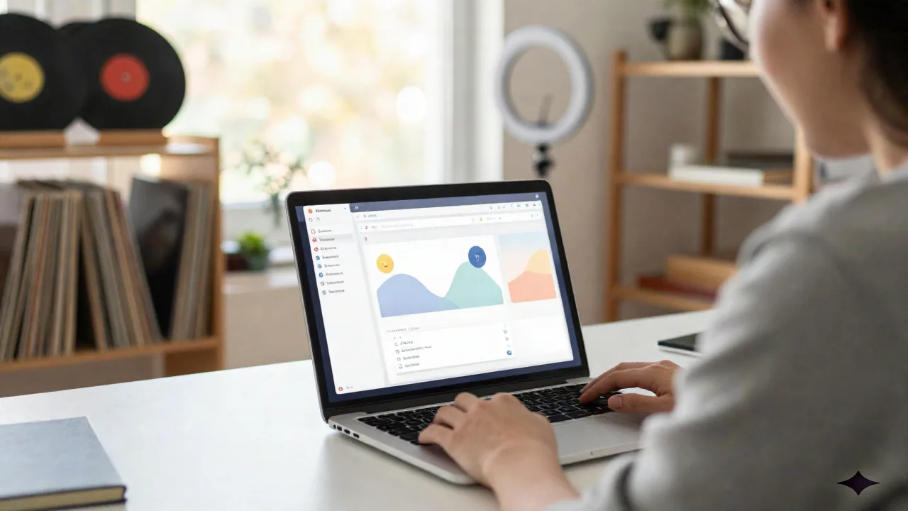 Independent creator working at a home studio desk with an AI agent chat dashboard open on laptop
