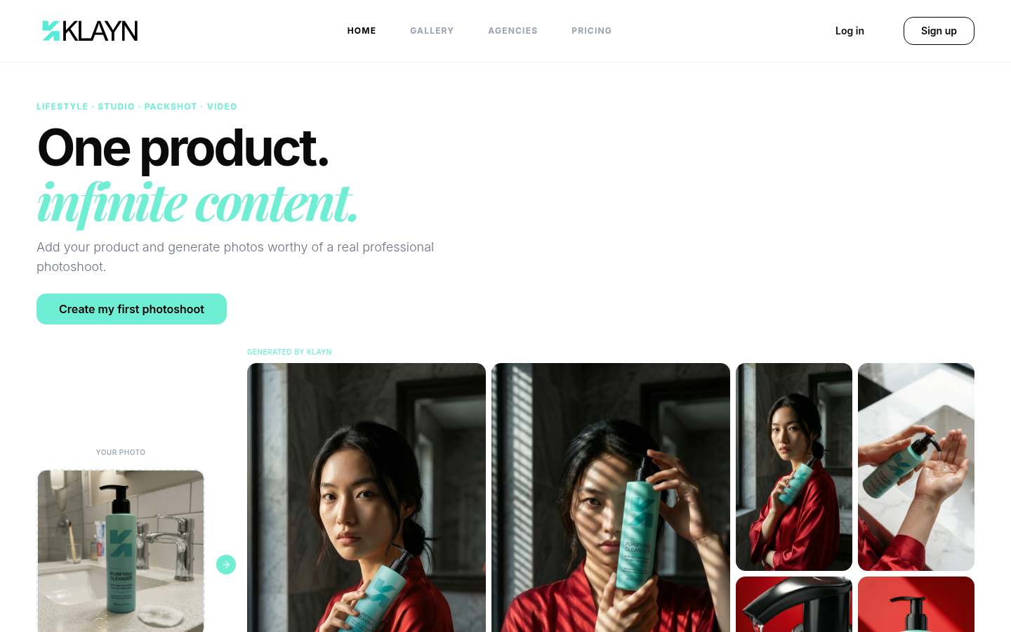 Klayn homepage showing AI-generated studio, lifestyle, and packshot product photos