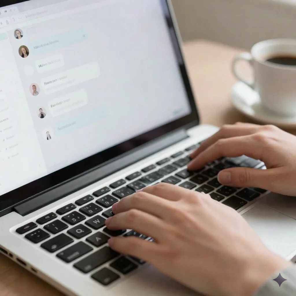 Nahaufnahme von Händen, die auf einer Laptop-Tastatur tippen, zeigt ein minimales KI-Agent-Chat-Interface mit einer Task-Checkliste