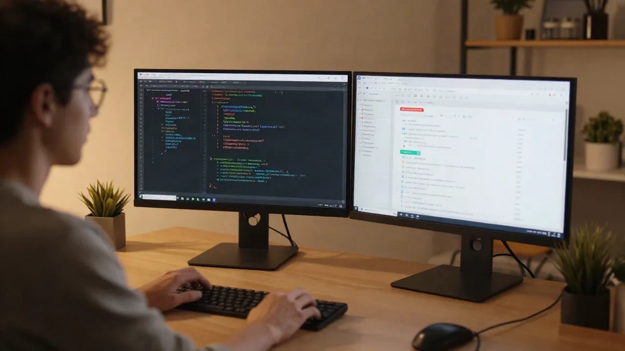 Créateur utilisant un agent IA pour coder à un bureau moderne avec deux écrans