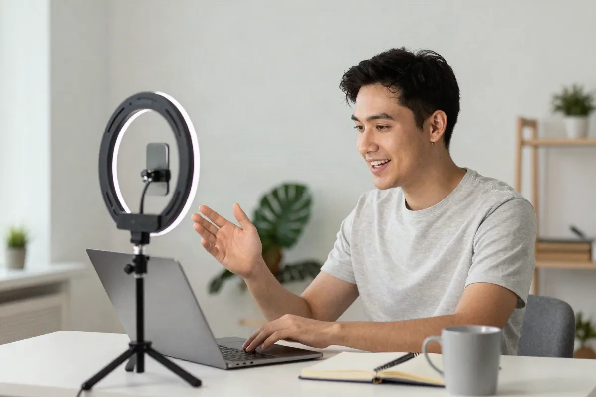 Online course creator recording a video lesson for a paid membership tier