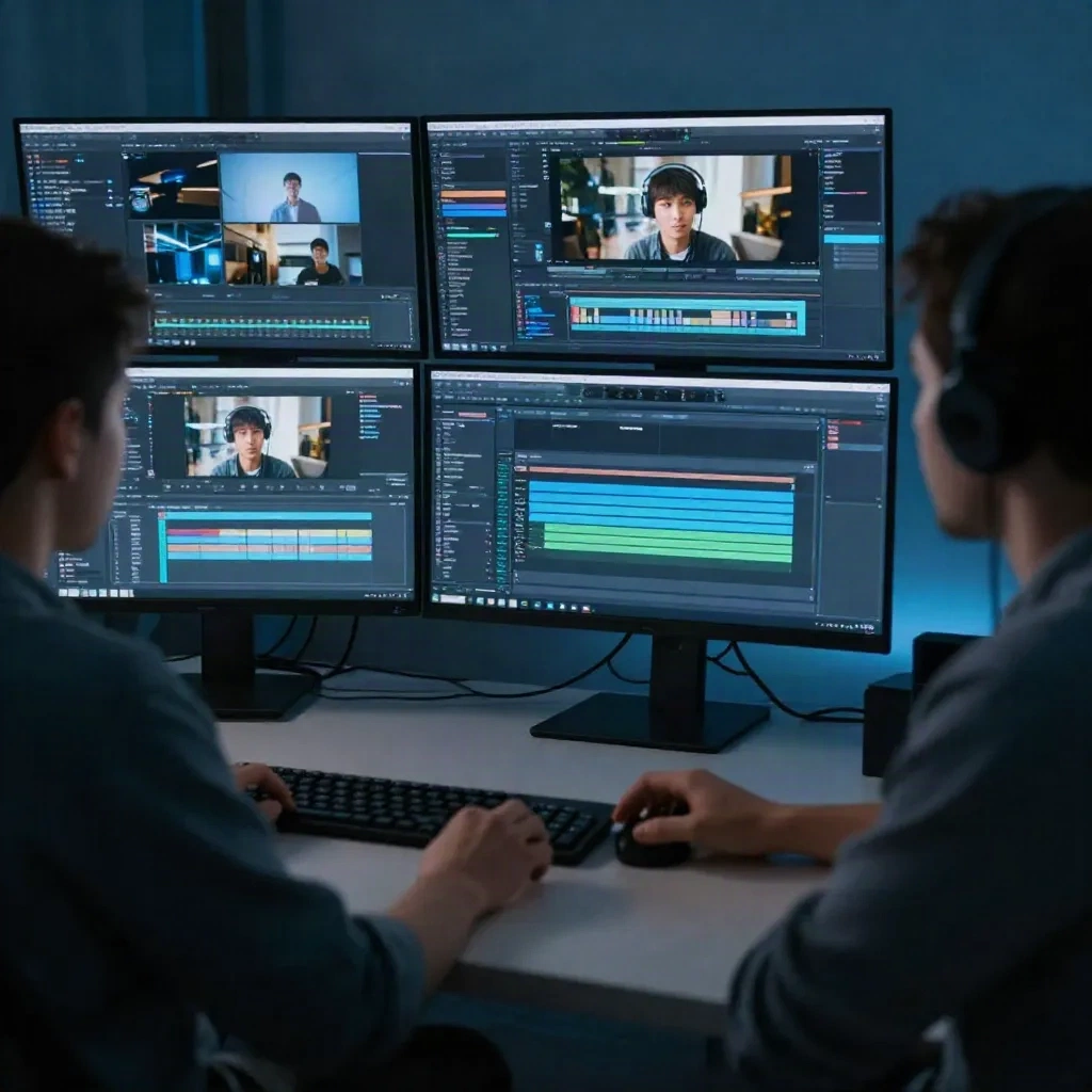 Un creator al suo desk con dashboard di video editing e strumenti AI illuminati dalla luce dell'ora blu