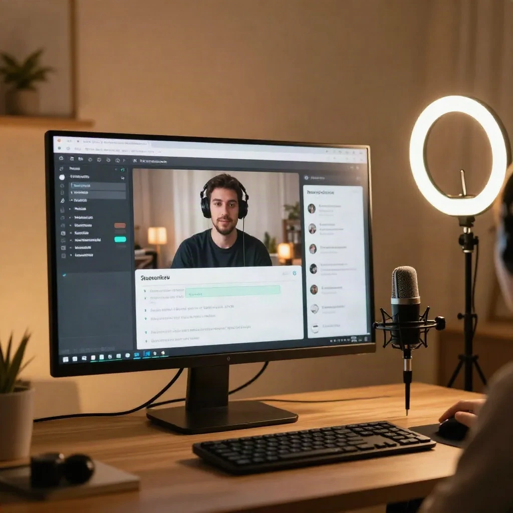 Video creator using AI tools in home studio with podcast microphone and ring light