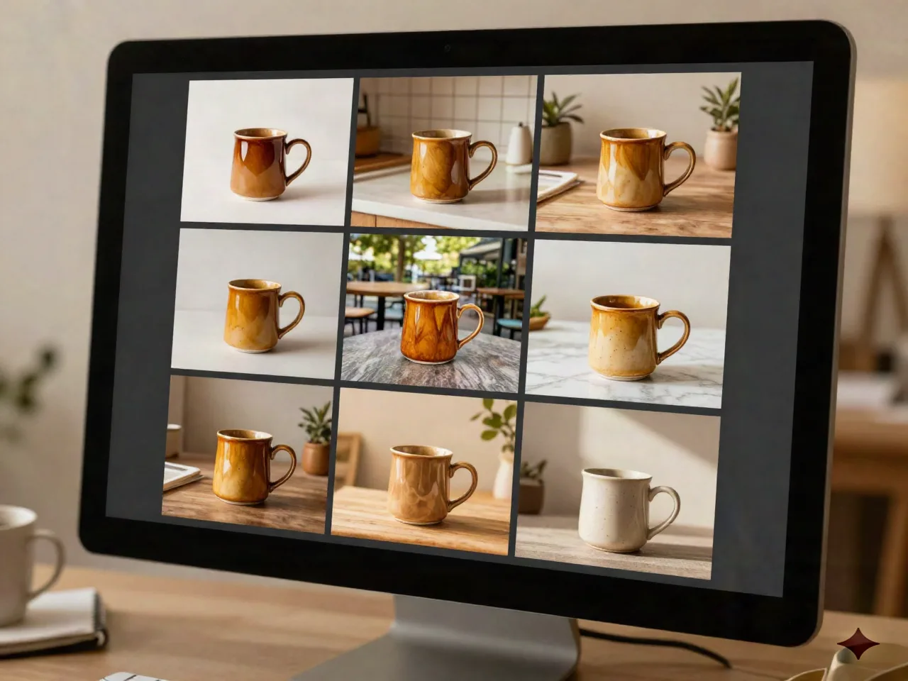 Monitor met zes gestyleerde AI-gegenereerde variaties van dezelfde productfoto met consistent licht en kleurgrading
