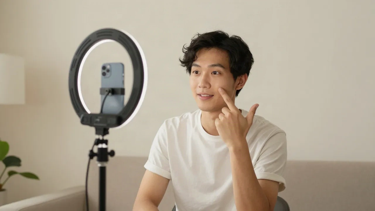 Criador independente filmando vídeo autêntico de produto em estilo selfie no home studio