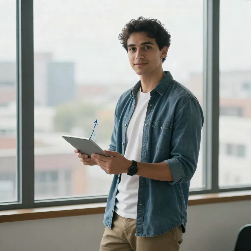 Independent creator showing revenue growth chart with city view background