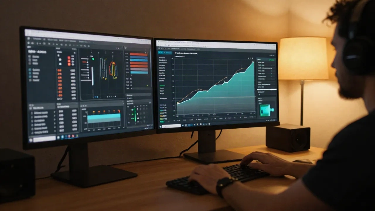 Creator in home studio con dashboard di analytics che mostra la crescita dell'economia dei creator nel 2026