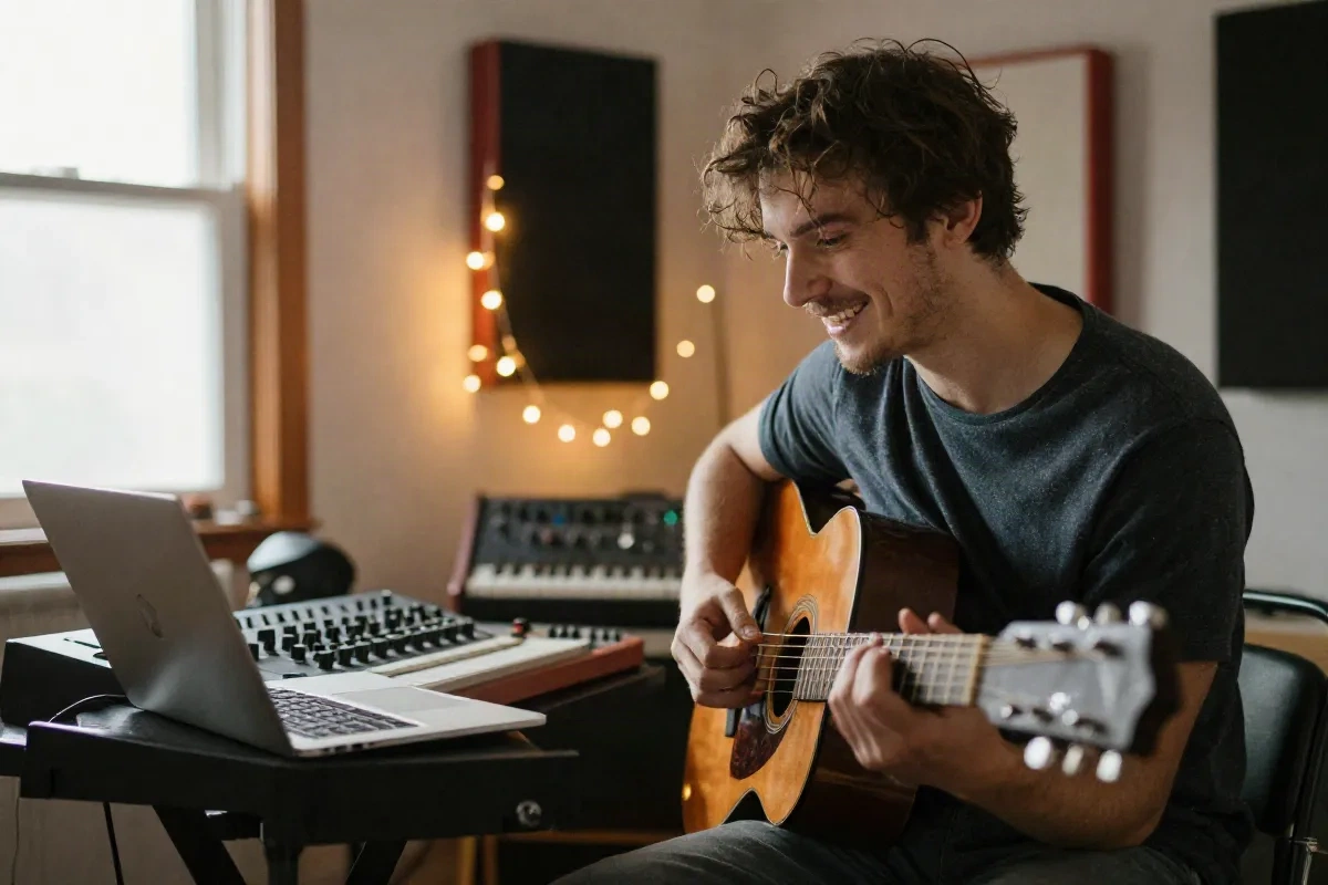Independent musician selling exclusive tracks and stems directly to fans from a home studio