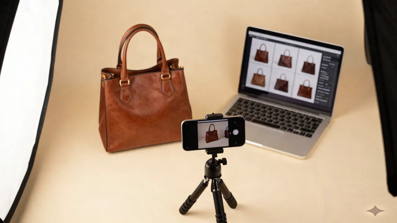 Vista dall'alto di un set fotografico per prodotti con uno smartphone che fotografa una borsa e un laptop che mostra variazioni di foto prodotto generate da IA