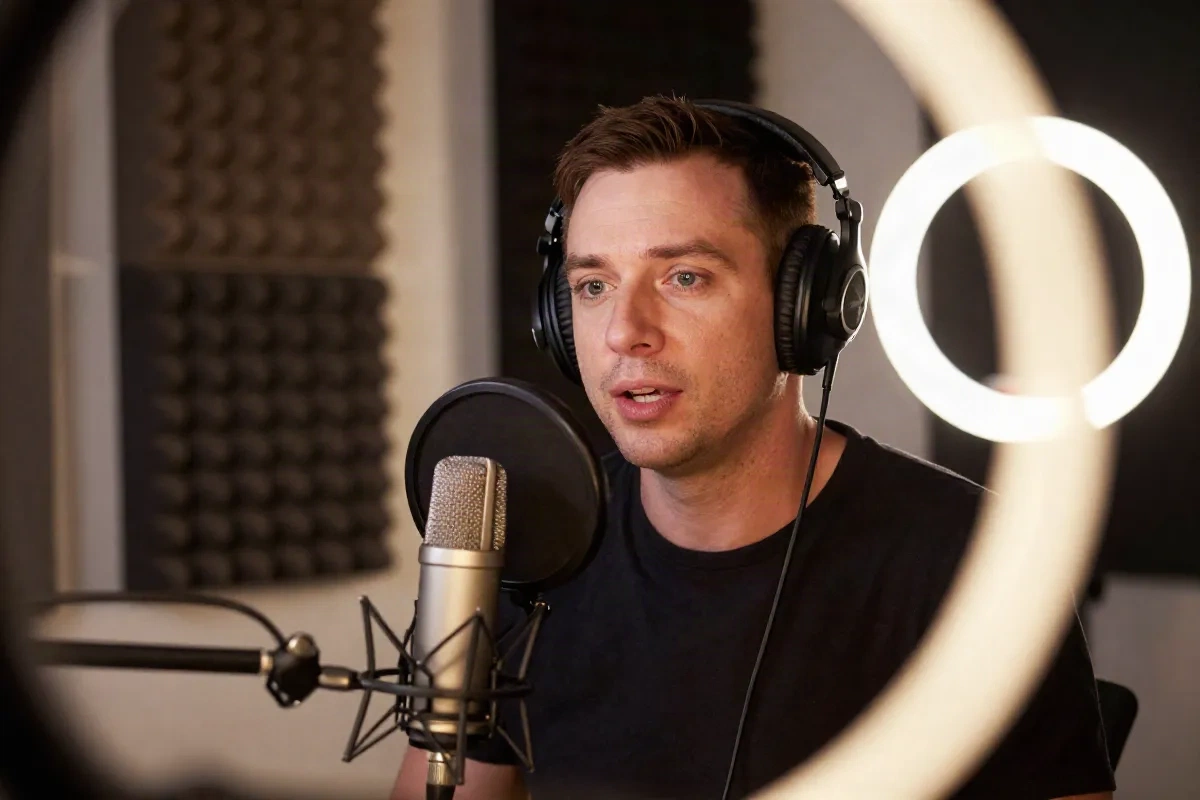 Podcaster recording early-access episodes in a home studio for paying subscribers