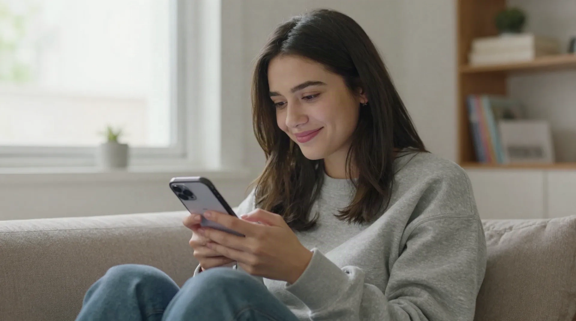 Unabhängige Creatorin schaut auf ihr Handy, bevor sie ihre Link-in-Bio-Seite teilt