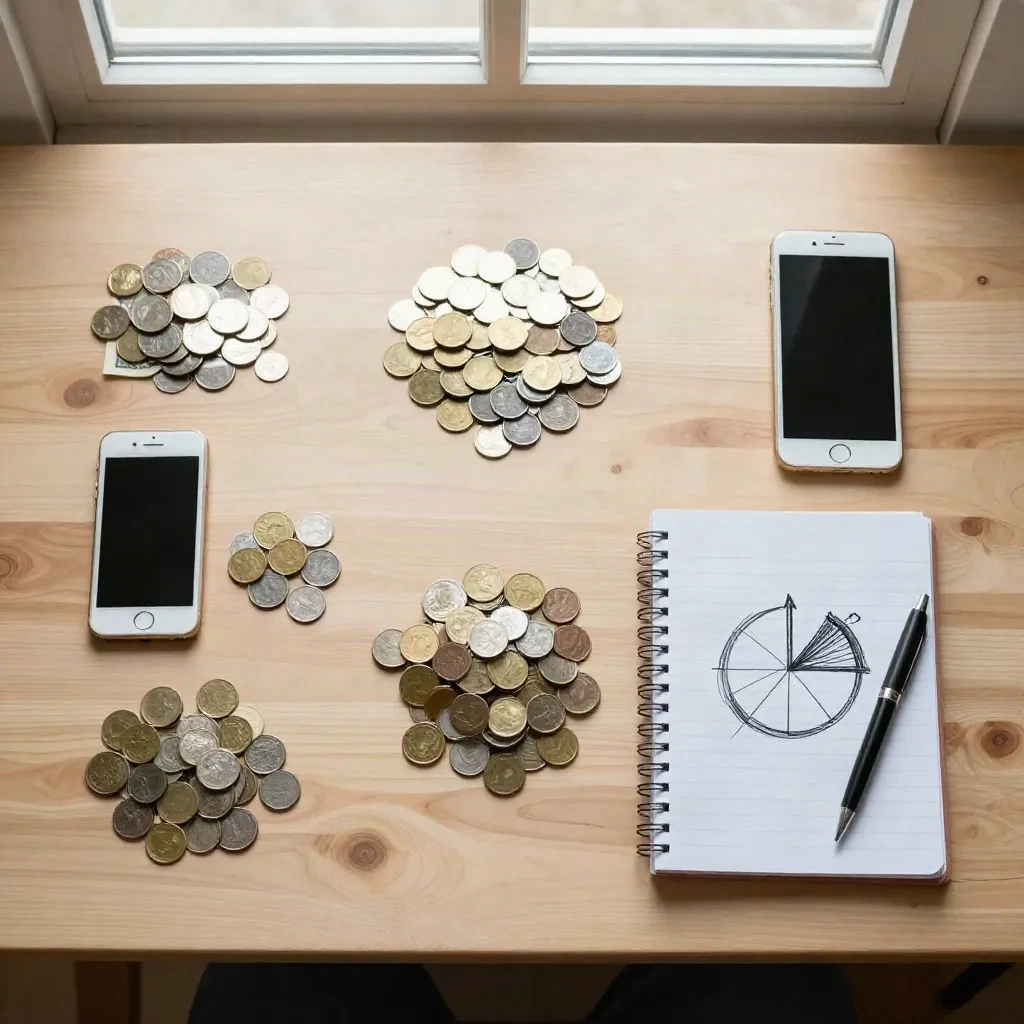 Flat-lay of a creator desk with five separate piles of money representing different income streams