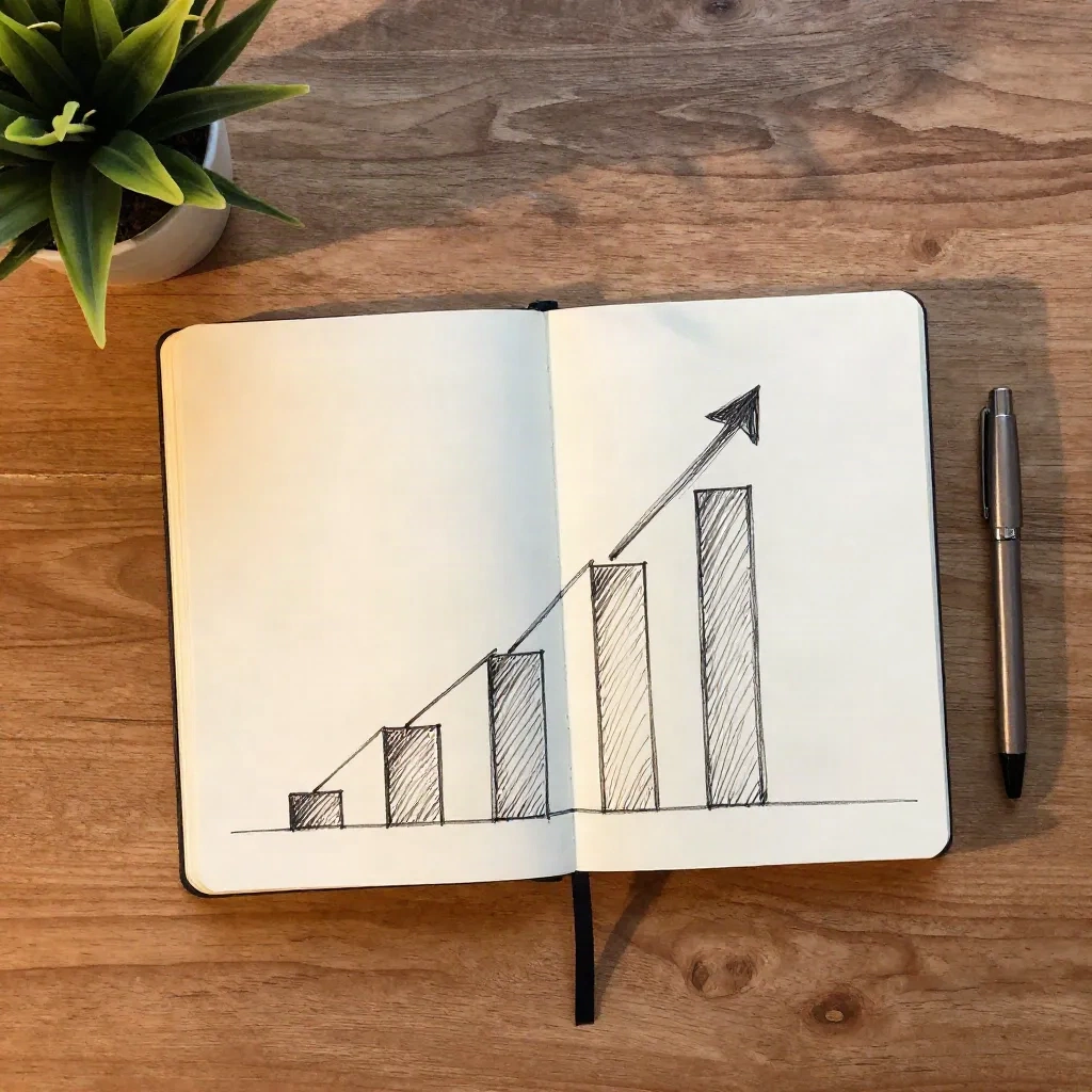 Notebook with hand-drawn revenue growth chart on desk
