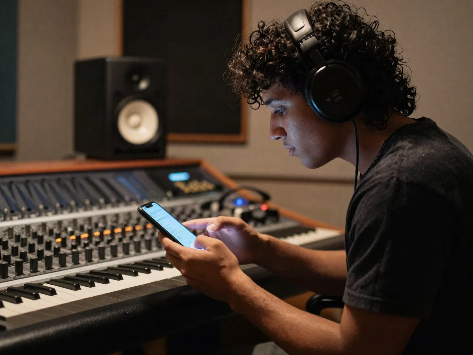 Independent musician checking their link in bio page in a home recording studio before a release