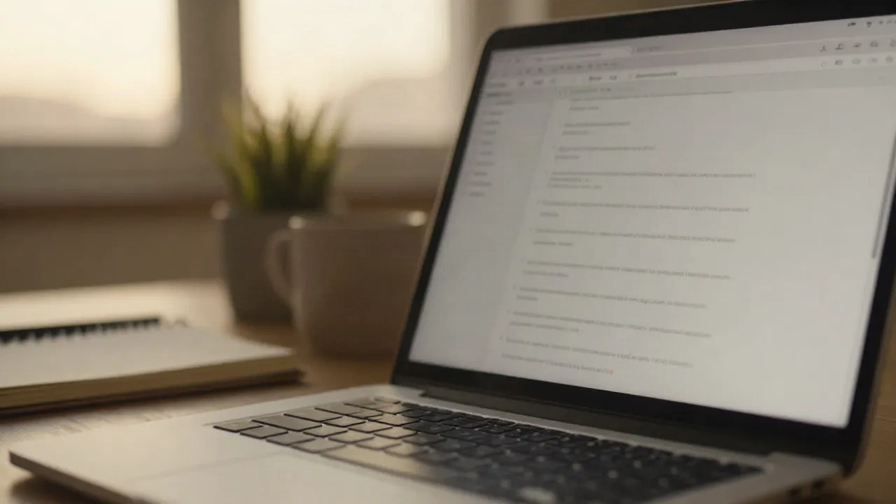 Laptop screen glowing with a blurred email draft on a cozy creator desk at golden hour