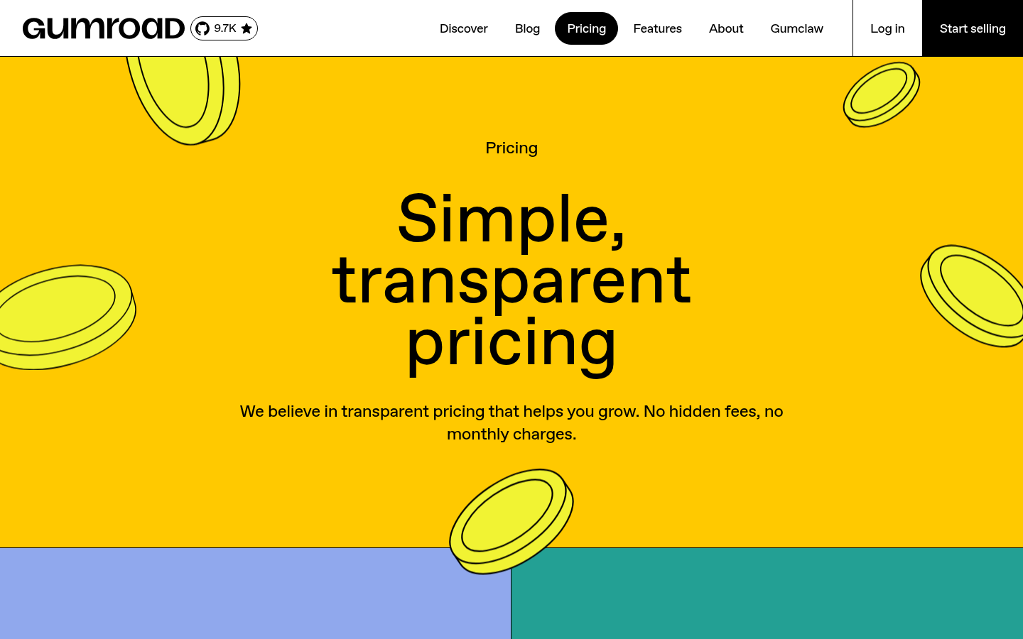 Gumroad pricing page showing the 10% plus 50 cent direct fee and 30% Discover fee