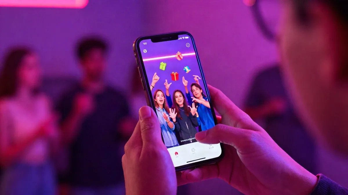 Creator in live streaming con fan che inviano Gift virtuali e Badge