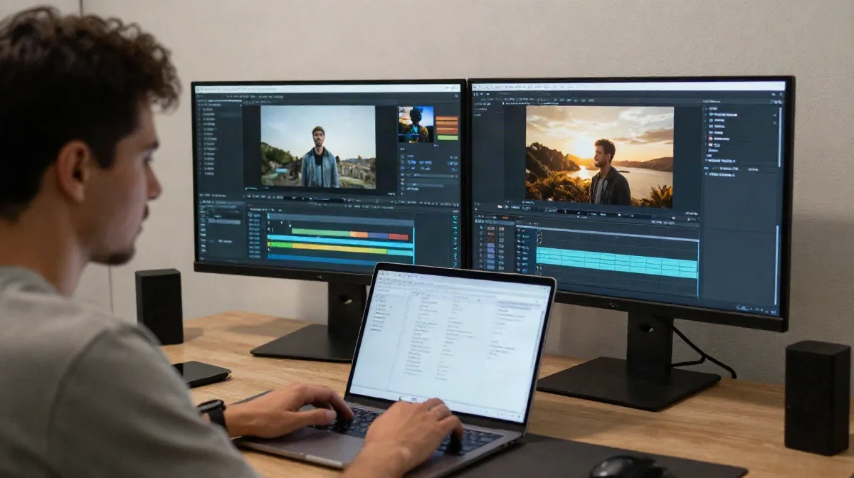 Creator che monta video in formato breve con strumenti AI su setup con doppio monitor