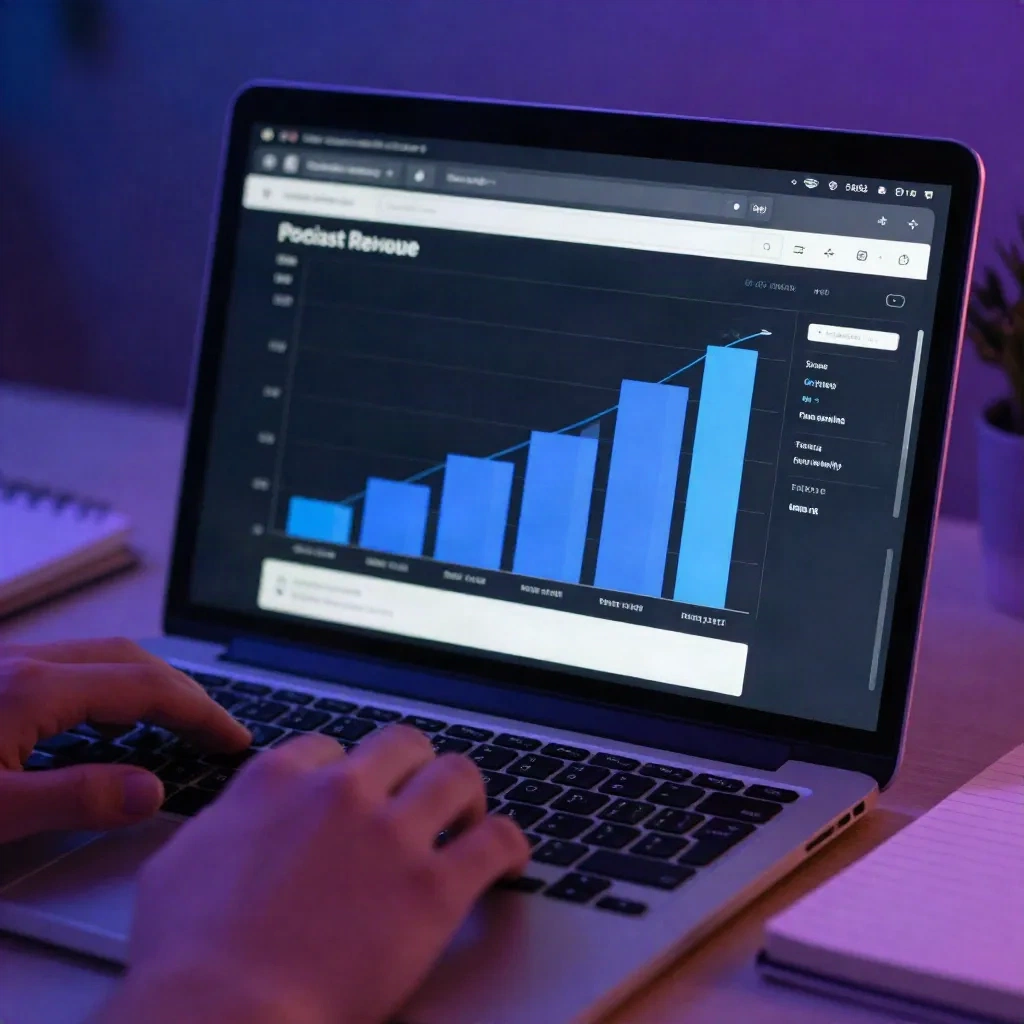 Podcast analytics dashboard showing monthly revenue growth on laptop screen