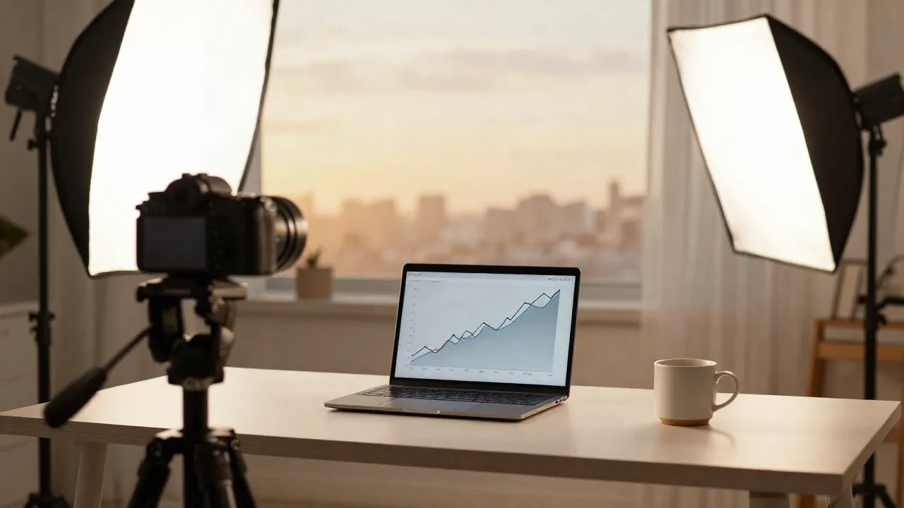 Studio casalingo di uno youtuber con una fotocamera su cavalletto e un laptop che mostra un grafico di entrate in crescita