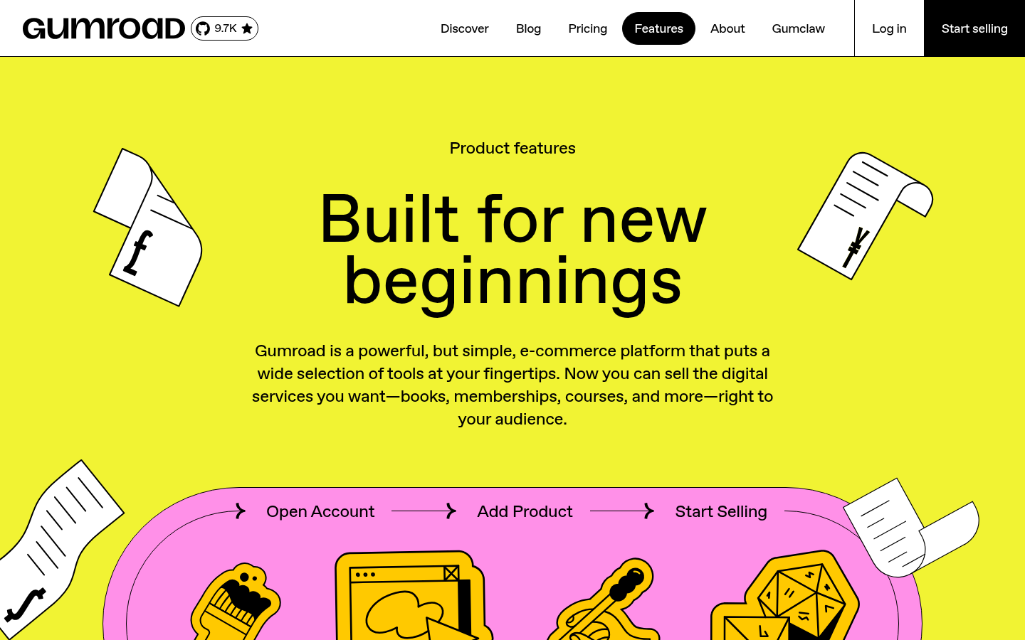 Gumroad features page listing memberships, courses, and affiliate tools