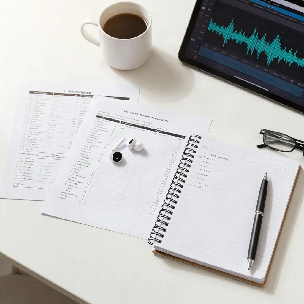 Digital creator workspace with audio templates, earbuds and pricing notes flat lay