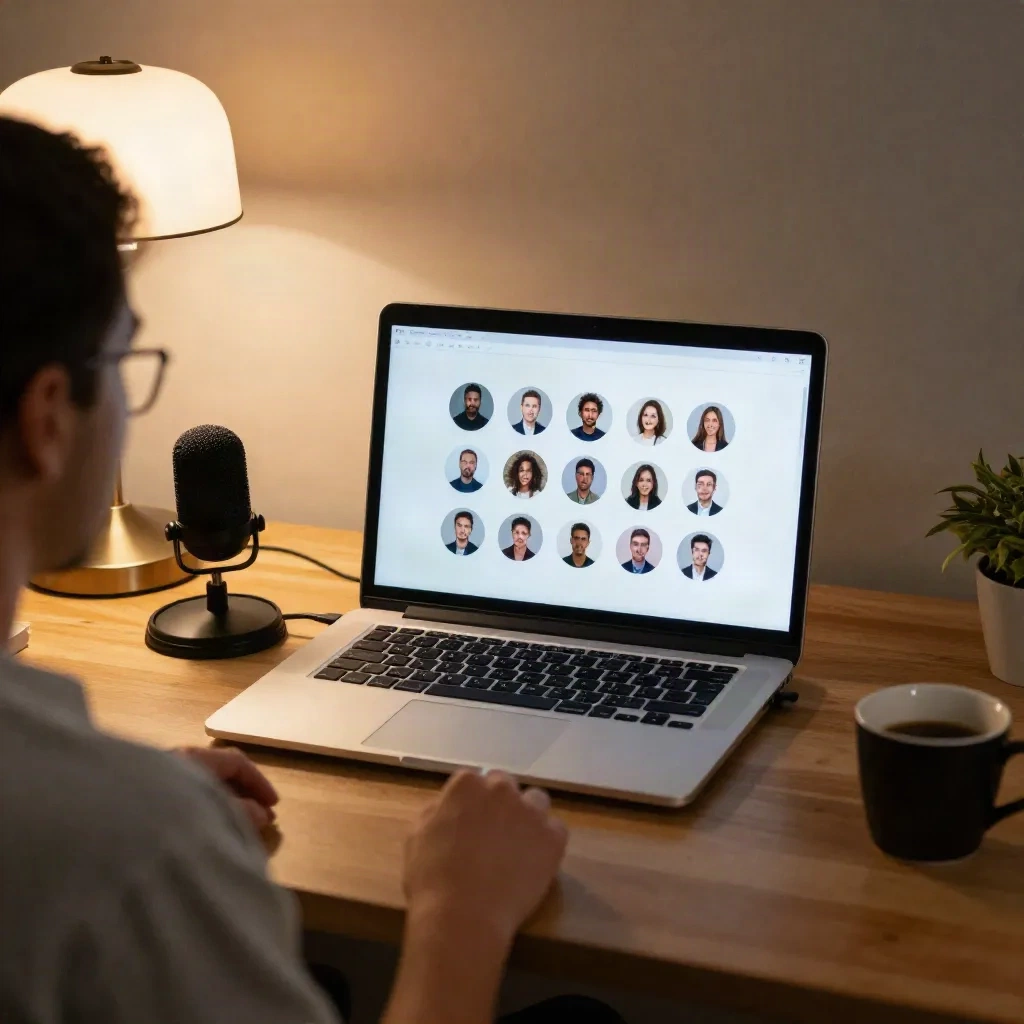 A creator at a desk with a microphone and a laptop showing a grid of community members