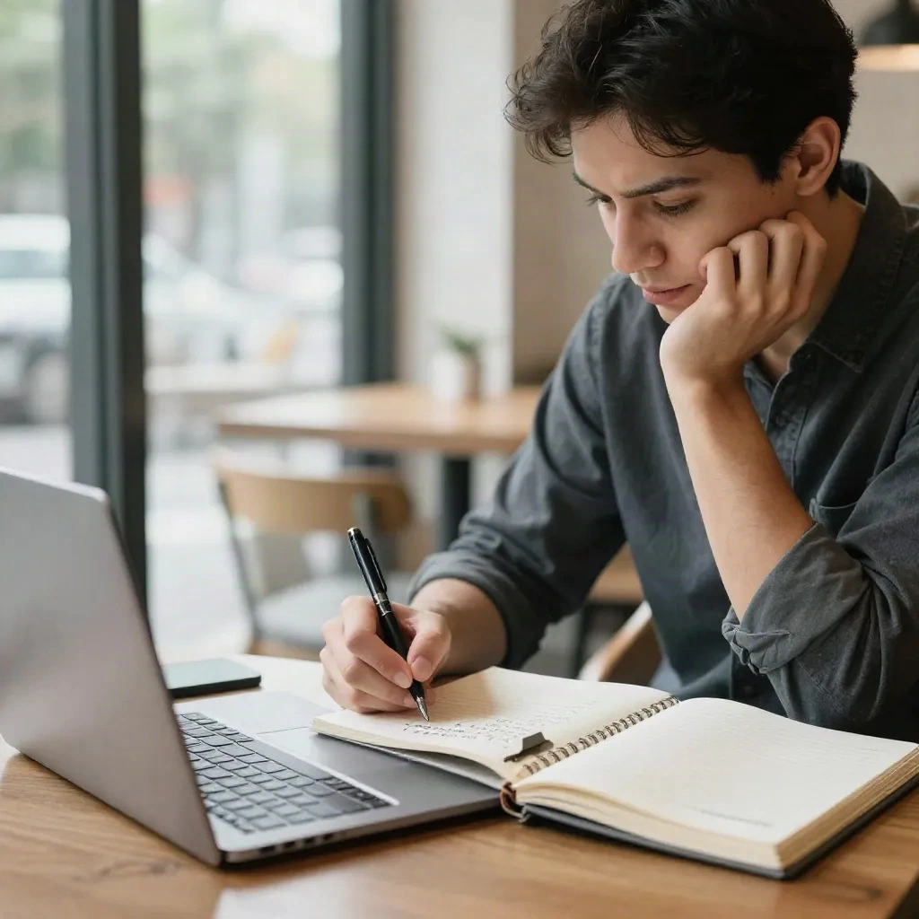 Creator sitting at a cafe doing revenue calculations with notebook and laptop
