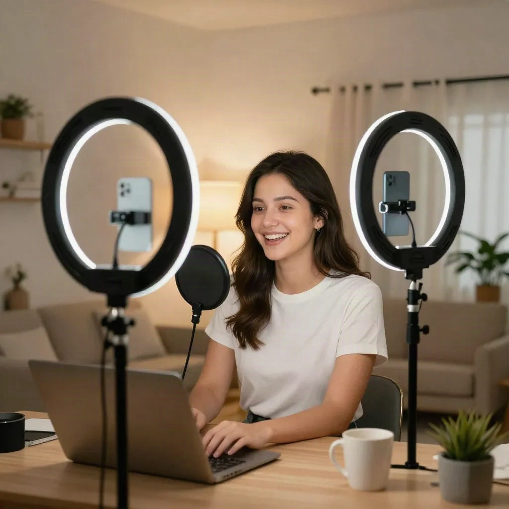 Young woman recording YouTube video content in a cozy home studio with ring light