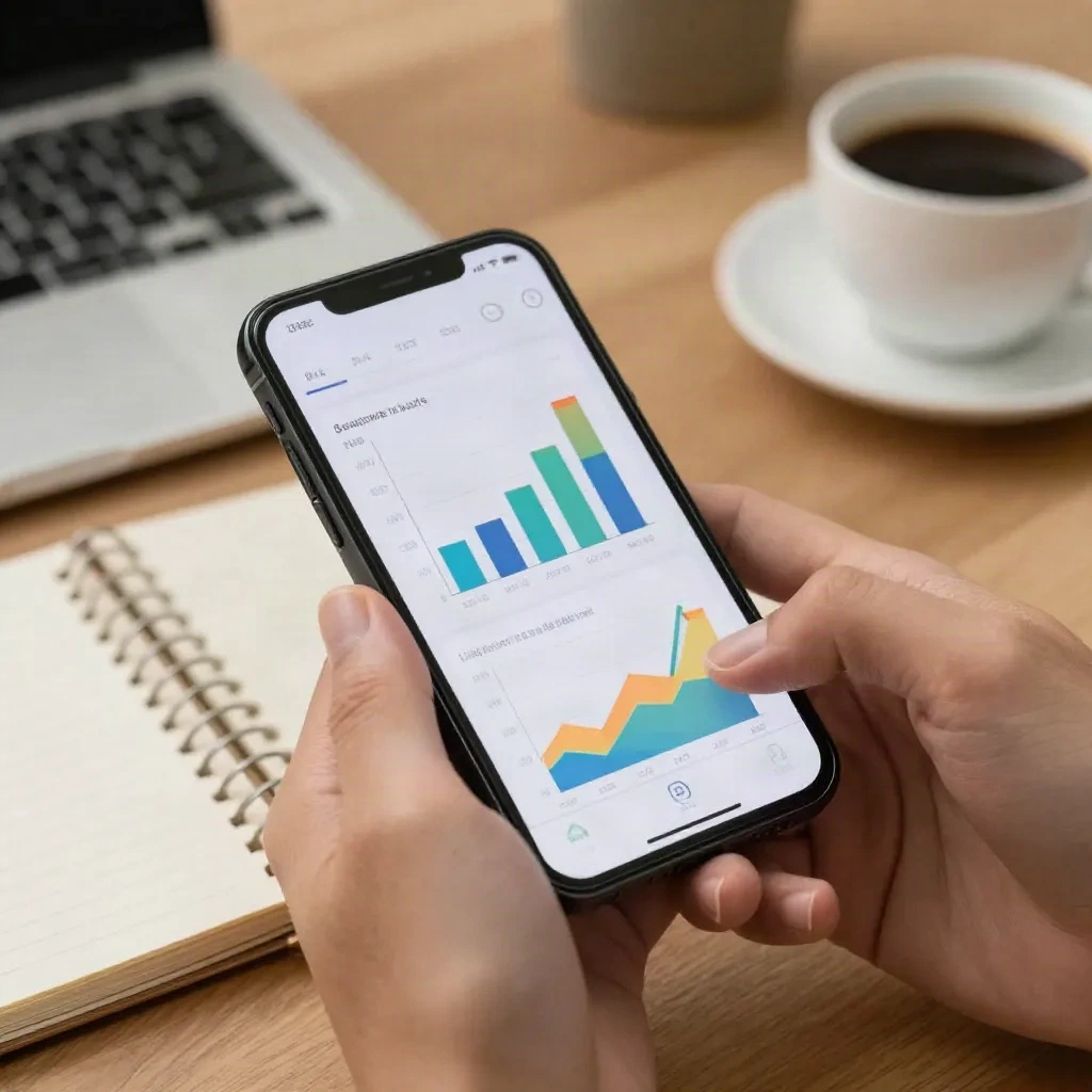 Hands holding a smartphone showing revenue analytics and earnings graphs