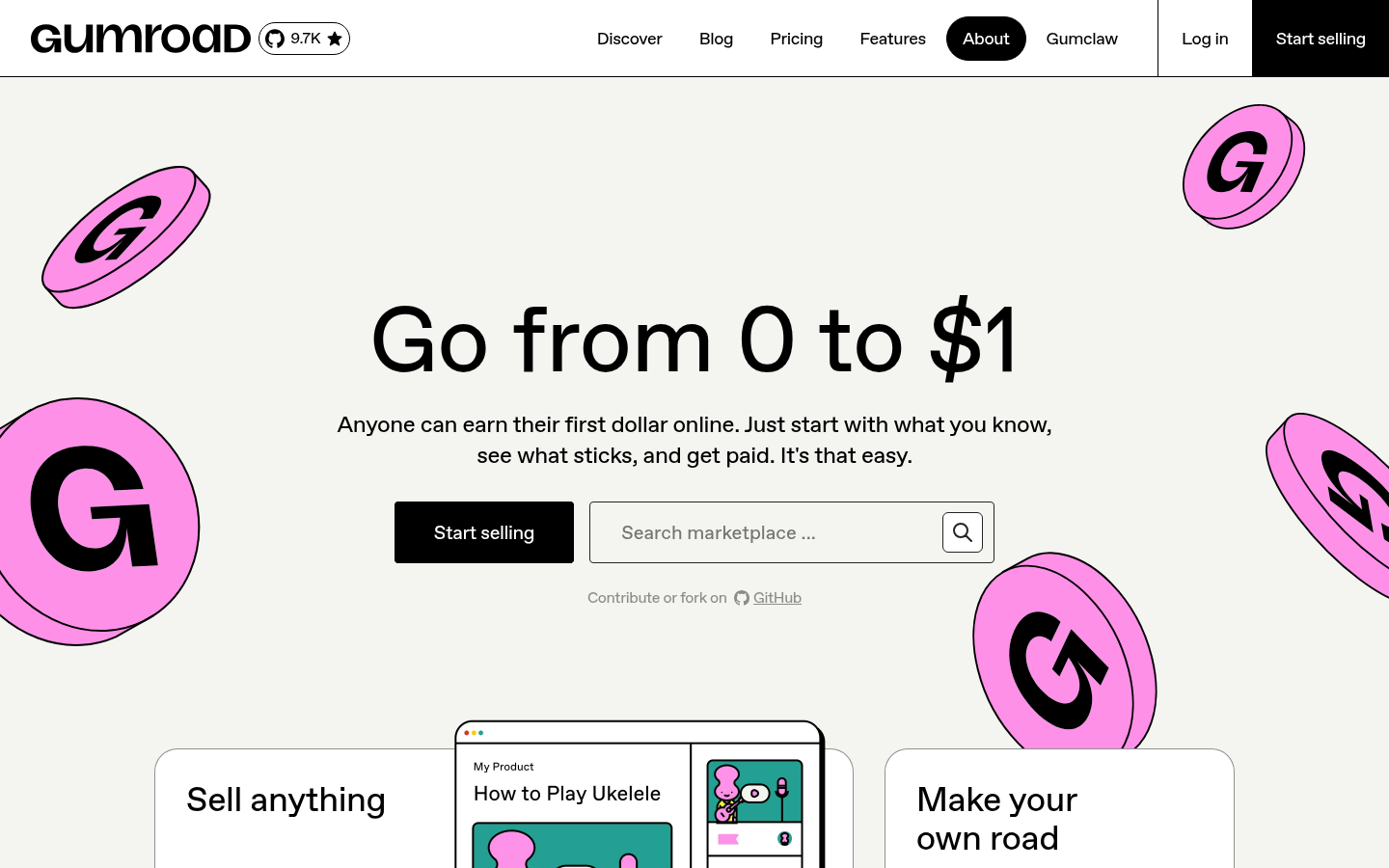 Screenshot della homepage di Gumroad