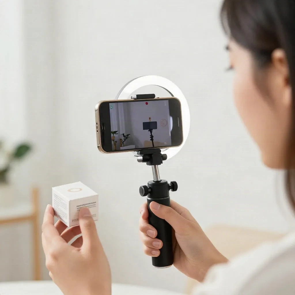 A creator filming a sponsored product segment with a phone and ring light