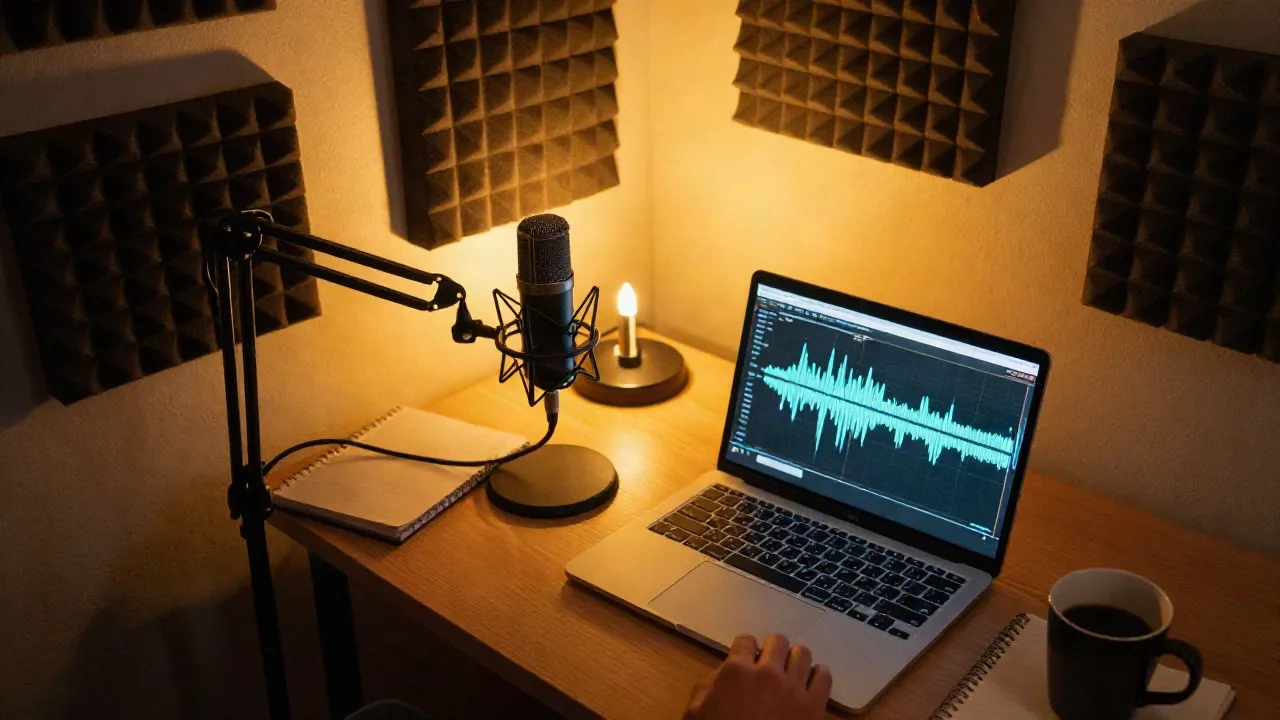 Creator di podcast a casa allo studio di registrazione con microfono professionale