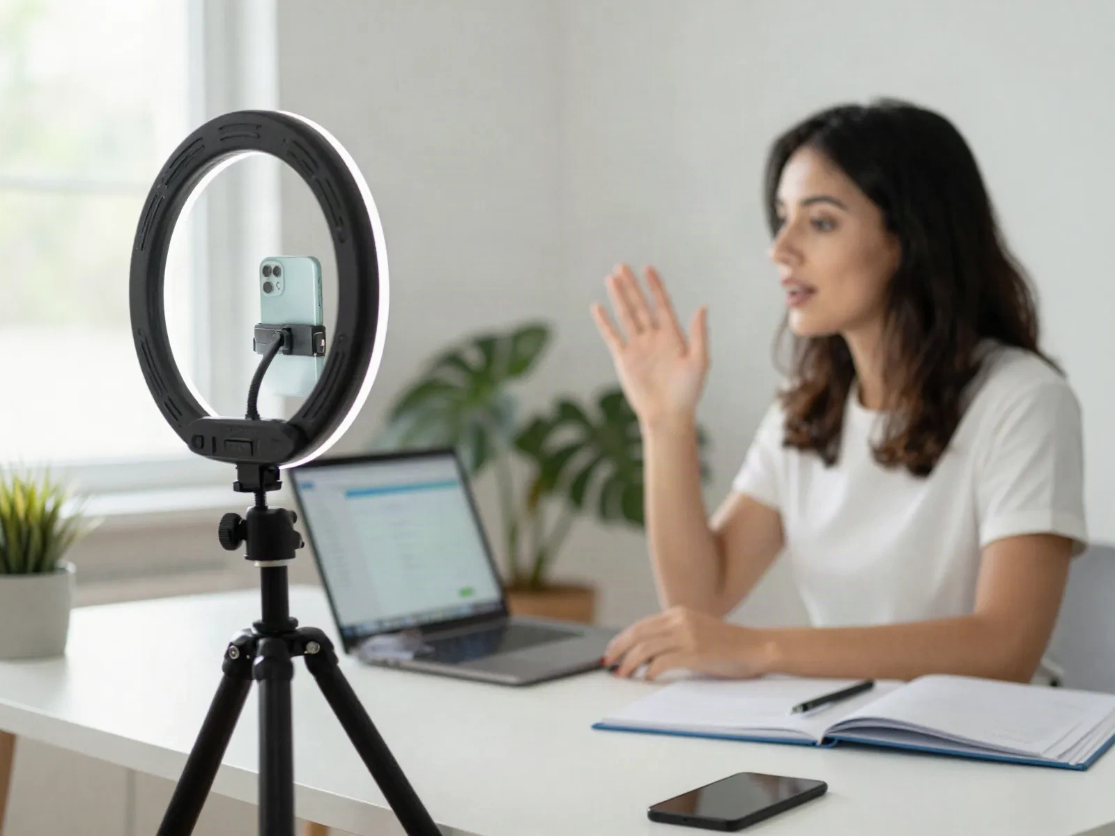 Online course creator recording a video with a laptop open beside their link in bio page
