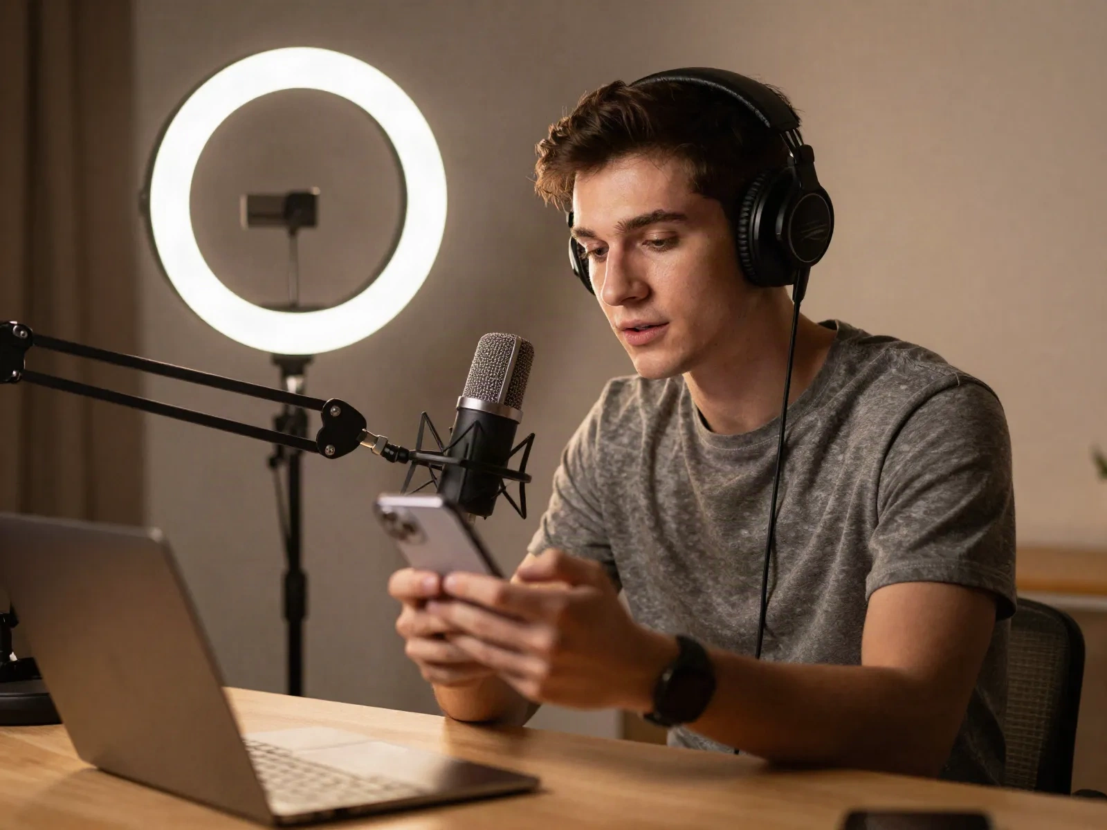 Podcaster checking their link in bio page before going live in a home studio