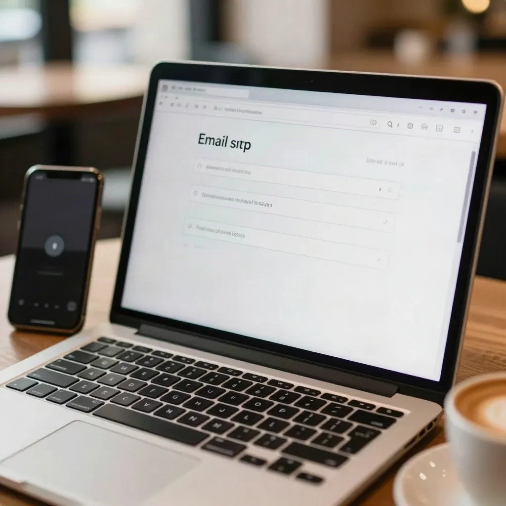 Ordinateur portable avec un formulaire d'inscription par email, à côté d'un téléphone affichant une vidéo verticale